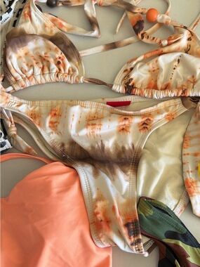 Tie-Dye Triangle Bikini Set in Cream and Brown with Orange Accents